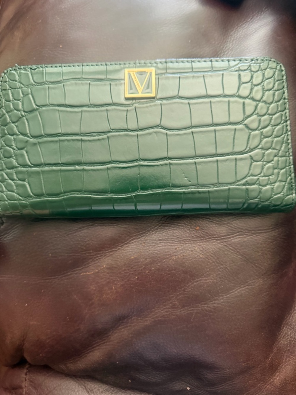 Victoria's Secret Green Croc-Embossed Zip Pouch with Gold Hardware